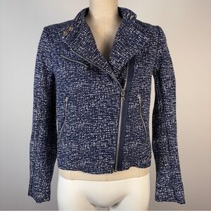 ❤️GAP Tweed Moto Jacket Navy Blue White Asymmetrical Zip Biker Blazer S
